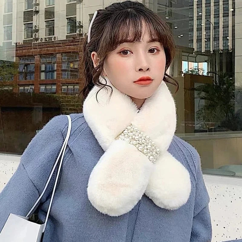 1Pcs New Women's Winter Scarf Faux Plush Pearl Scarf Faux Fur Thickening Warm Cross Stereo Scarfs New Scarfs Apparel Accessories