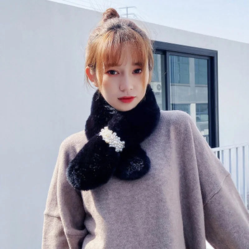 1Pcs New Women's Winter Scarf Faux Plush Pearl Scarf Faux Fur Thickening Warm Cross Stereo Scarfs New Scarfs Apparel Accessories