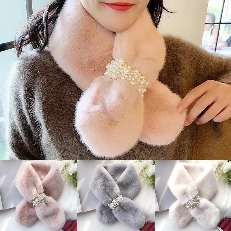 1Pcs New Women's Winter Scarf Faux Plush Pearl Scarf Faux Fur Thickening Warm Cross Stereo Scarfs New Scarfs Apparel Accessories