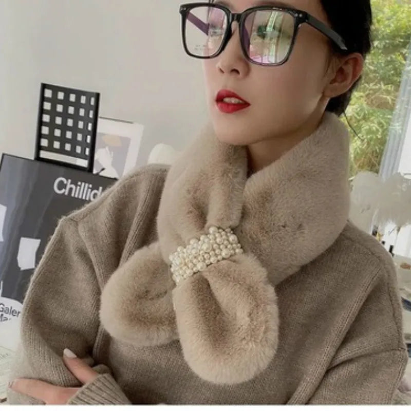 1Pcs New Women's Winter Scarf Faux Plush Pearl Scarf Faux Fur Thickening Warm Cross Stereo Scarfs New Scarfs Apparel Accessories