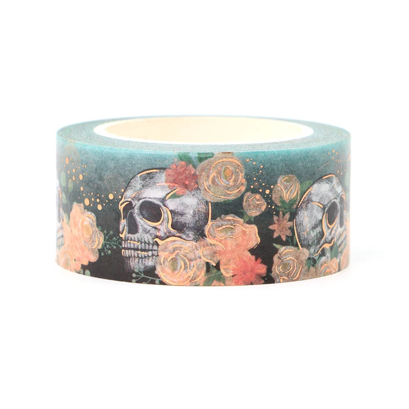 1PC. 10M Decorative Gold Foil Rose and Skull Halloween Washi Tape Kawaii Journal material Masking Tape Journaling Stationery