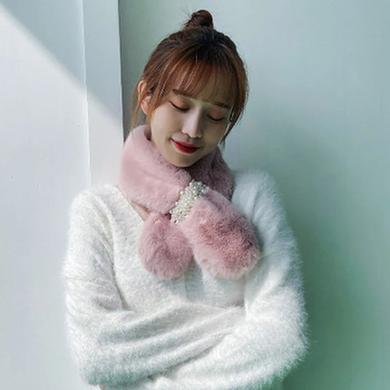 1Pcs New Women's Winter Scarf Faux Plush Pearl Scarf Faux Fur Thickening Warm Cross Stereo Scarfs New Scarfs Apparel Accessories