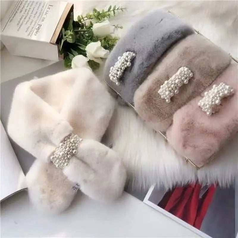 1Pcs New Women's Winter Scarf Faux Plush Pearl Scarf Faux Fur Thickening Warm Cross Stereo Scarfs New Scarfs Apparel Accessories
