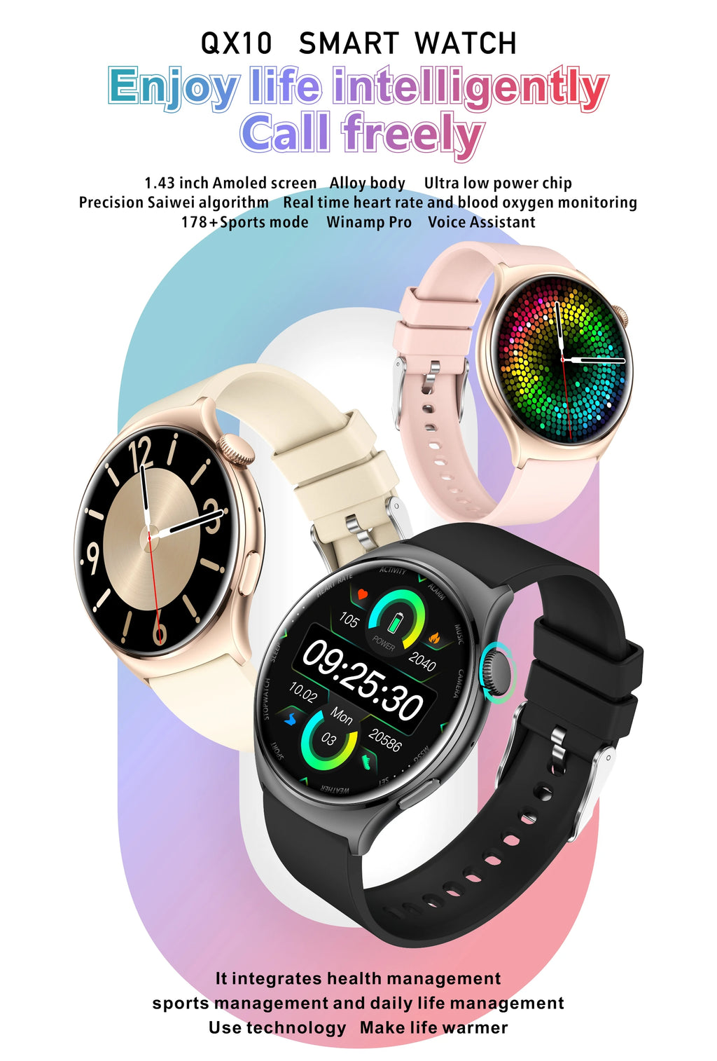 2025 Fashion Watch QX10 1.43" AMOLED 466*466 Music Control Heart Rate Blood Pressure BT Call 178+ Sport Mode Smart Watch Android
