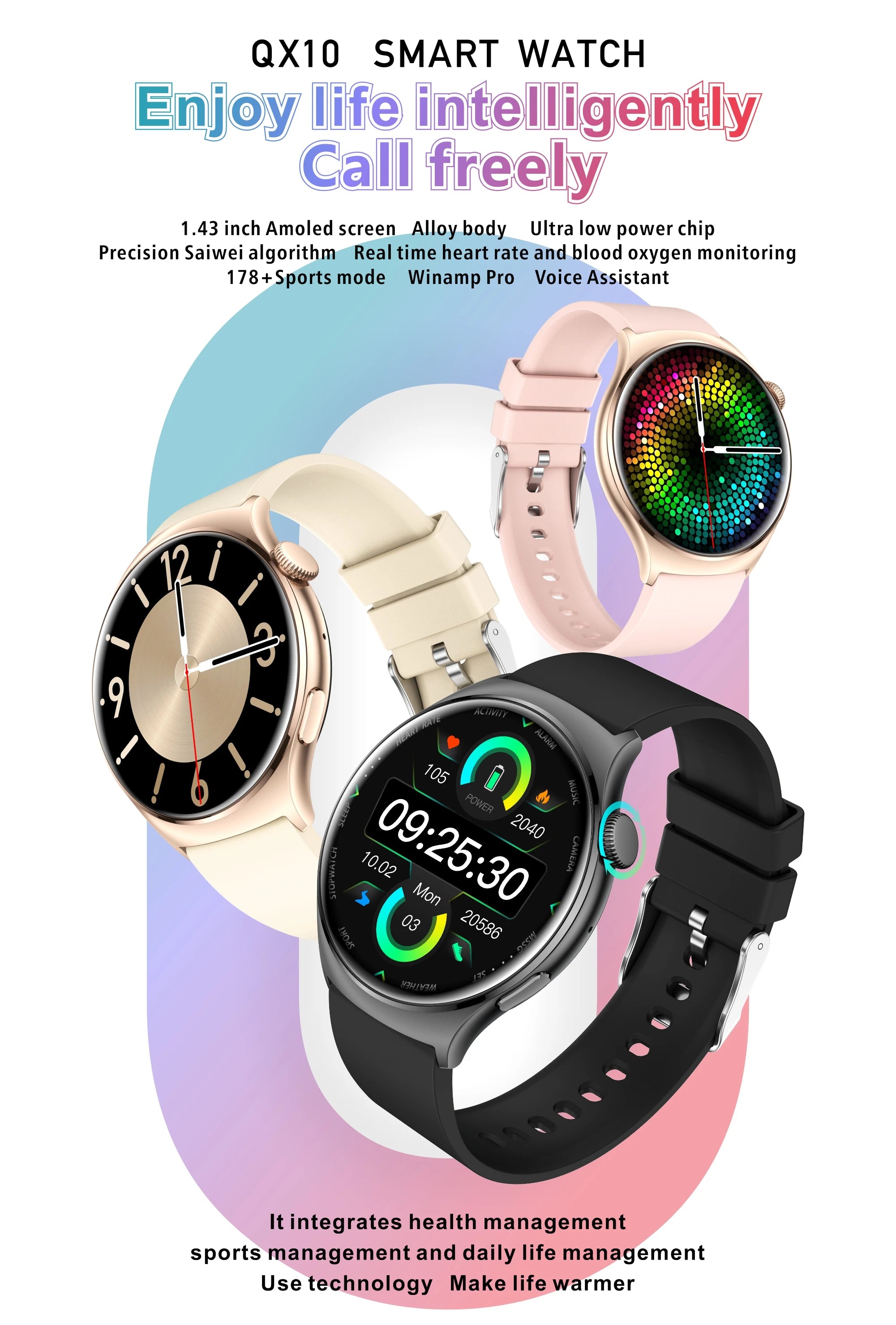 2025 Fashion Watch QX10 1.43" AMOLED 466*466 Music Control Heart Rate Blood Pressure BT Call 178+ Sport Mode Smart Watch Android