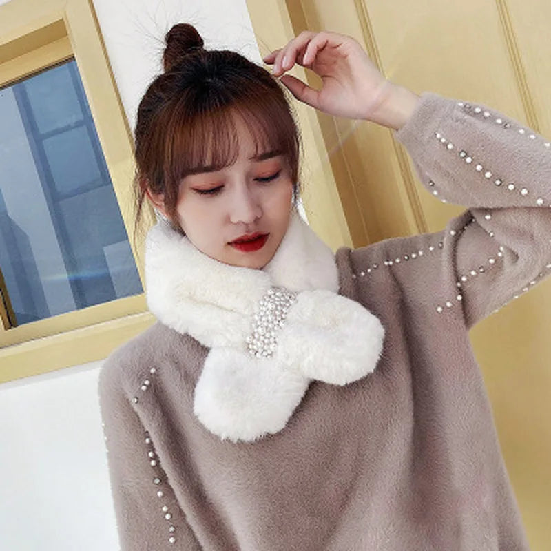 1Pcs New Women's Winter Scarf Faux Plush Pearl Scarf Faux Fur Thickening Warm Cross Stereo Scarfs New Scarfs Apparel Accessories