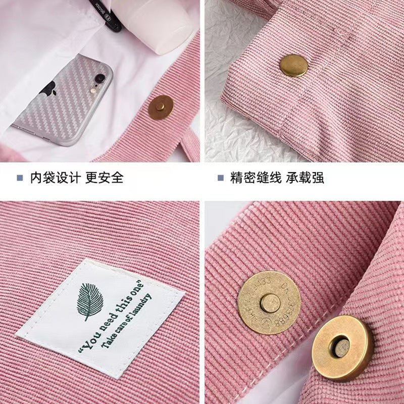 2025 New Student Corduroy Canvas Bag Artistic All-match Buckle Shoulder Canvas Bag Campus Tote Bag
