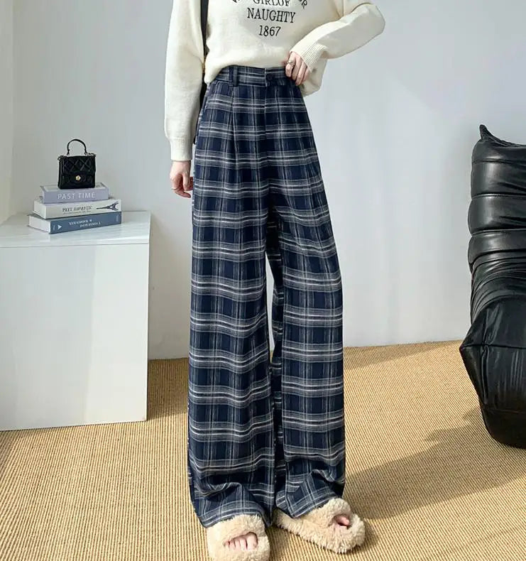 2024 New Arrival Autumn Winter Women High Waist Plaid Print Full Length Pants Casual Loose Fit Elastic Waist Wide Leg Pants V155