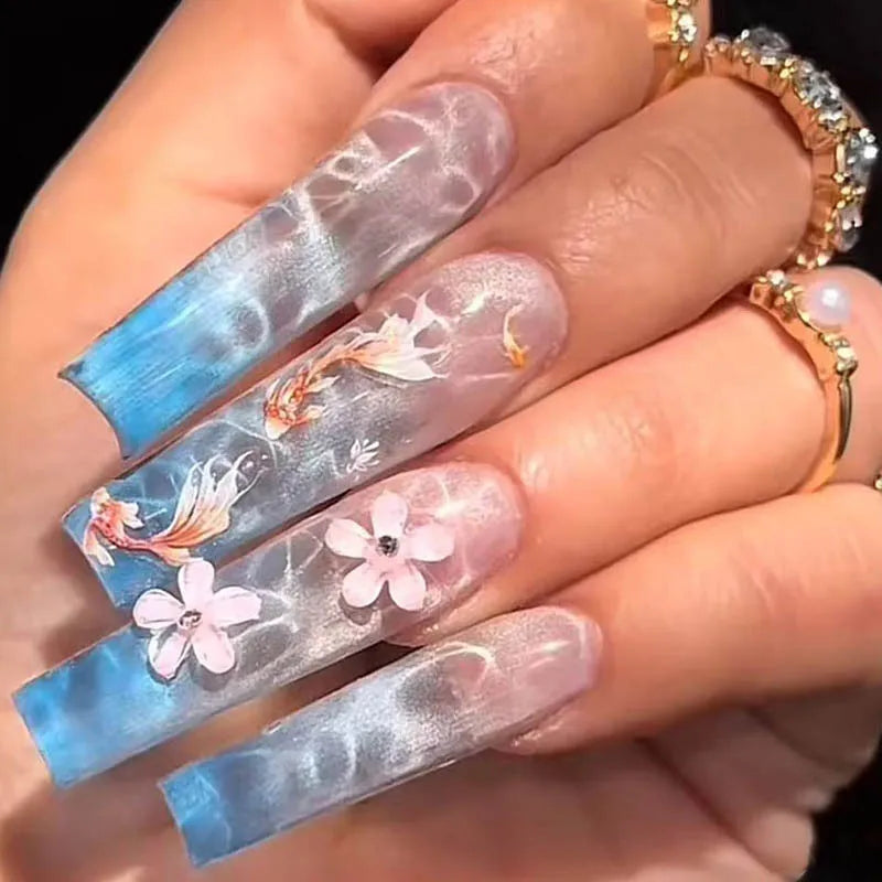 24Pcs Brown Long Coffin False Nails Glitter Ballet Wearable with French Design Fake nails Full Press on Nail Ins Nail Tips Art