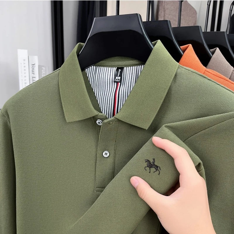 100% cotton trendy fashion spring and autumn new comfortable polo shirt men's exquisite brand pony embroidered long sleeved top