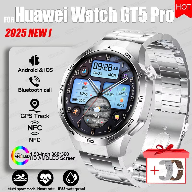 2025 For HUAWEI GT5 Pro GPS Track Smart Watch Men 360*360 AMOLED Screen NFC BT Call Waterproof Health Monitor Man Smartwatches