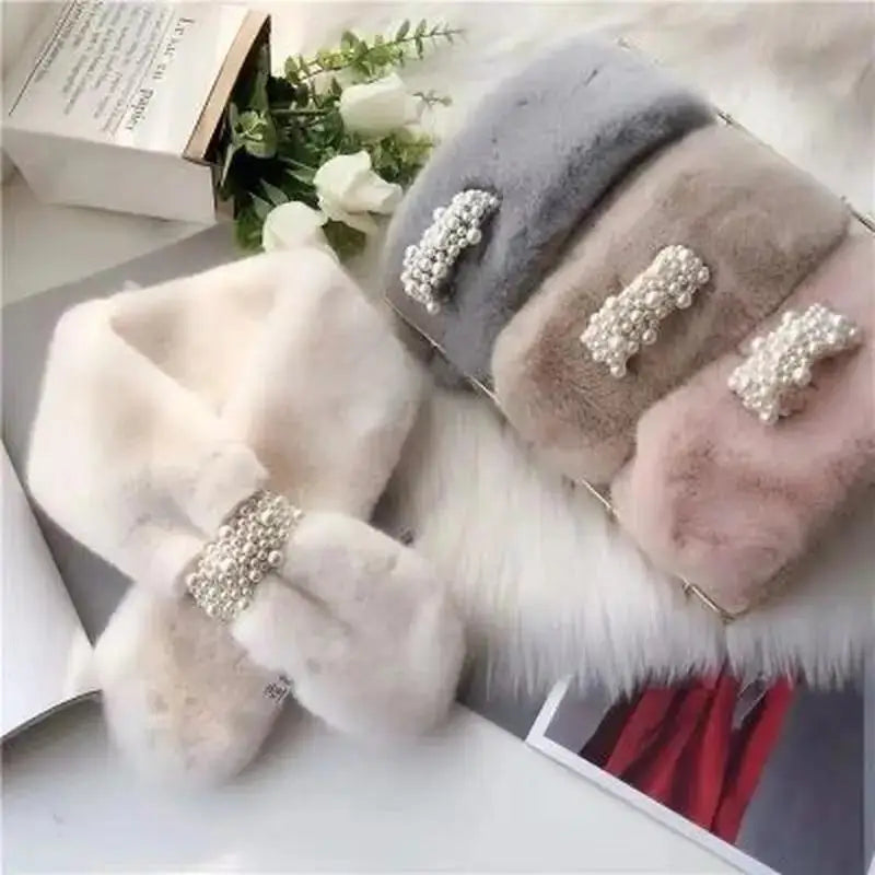 1Pcs New Women's Winter Scarf Faux Plush Pearl Scarf Faux Fur Thickening Warm Cross Stereo Scarfs New Scarfs Apparel Accessories