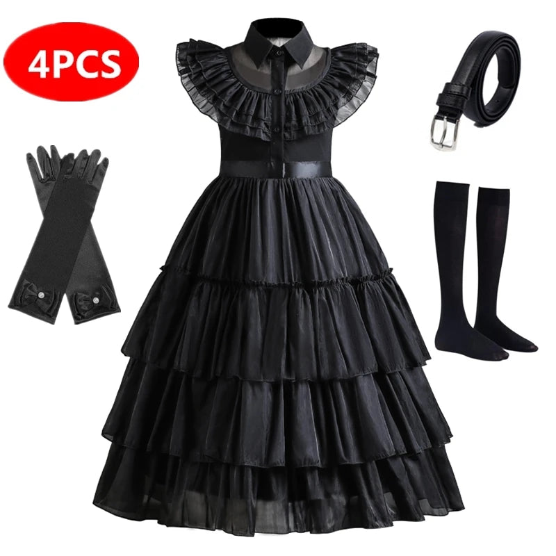 2025 Wednesday Costume Girl Kids Black Dress 3-12Y Children Halloween Party Black Gothic Cosplay Costumes Daily Casual Outfits