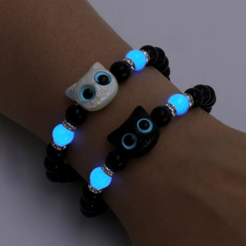 Handmade Adjustable Big Eye Cat Bracelet For Women Men Charm Luminous Beads Pet Bracelet Fashion Halloween Gothic Jewelry