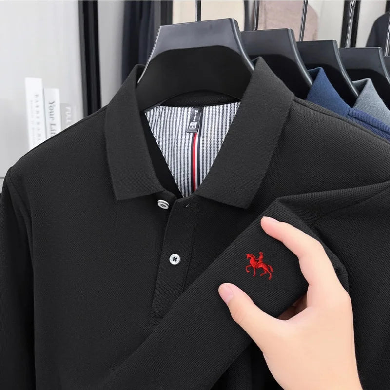 100% cotton trendy fashion spring and autumn new comfortable polo shirt men's exquisite brand pony embroidered long sleeved top