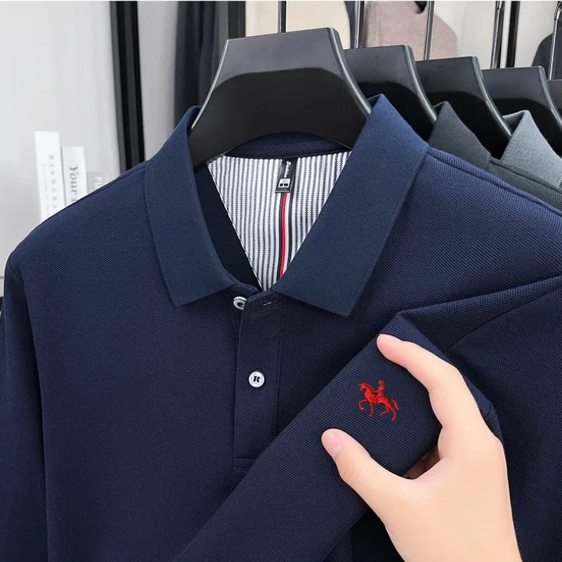 100% cotton trendy fashion spring and autumn new comfortable polo shirt men's exquisite brand pony embroidered long sleeved top