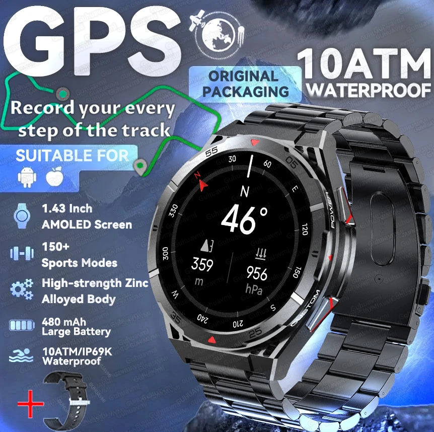 2025 New Dual-Band satellite GPS Sports Smart watch Men 1.43'' HD Screen Heart Rate Compass 10ATM Waterproof Swimming Smartwatch