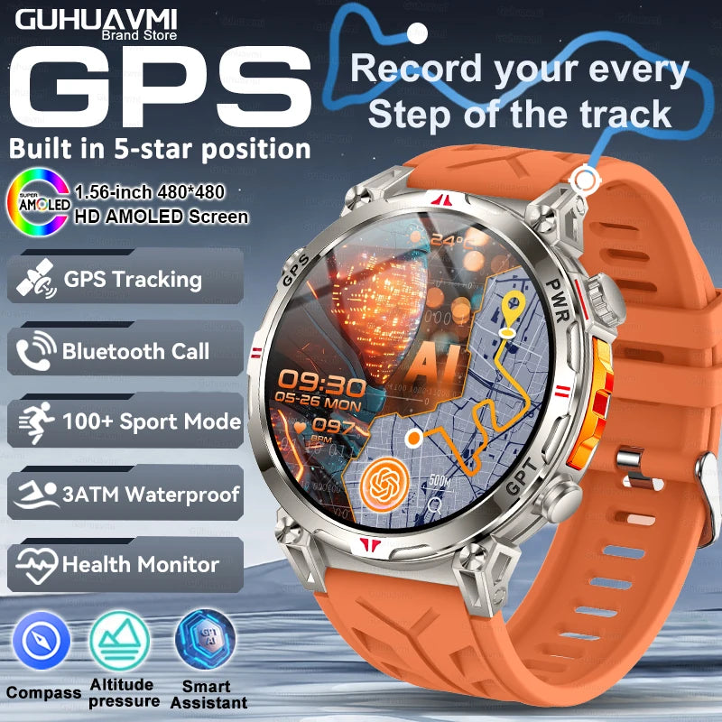 2025 New GPS Smart Watch AMOLED Screen 3ATM Waterproof Fitness tracking Heart Rate BT Call Professional Sports Smartwatch 650Mah