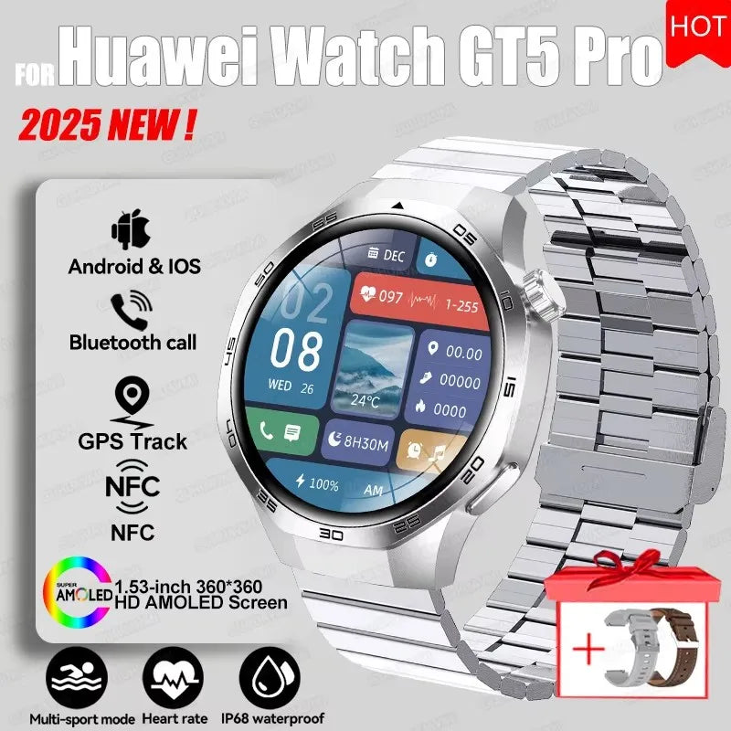 2025 For HUAWEI GT5 Pro GPS Track Smart Watch Men 360*360 AMOLED Screen NFC BT Call Waterproof Health Monitor Man Smartwatches