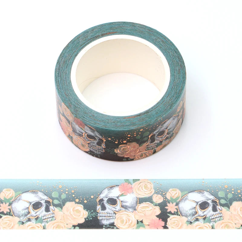 1PC. 10M Decorative Gold Foil Rose and Skull Halloween Washi Tape Kawaii Journal material Masking Tape Journaling Stationery