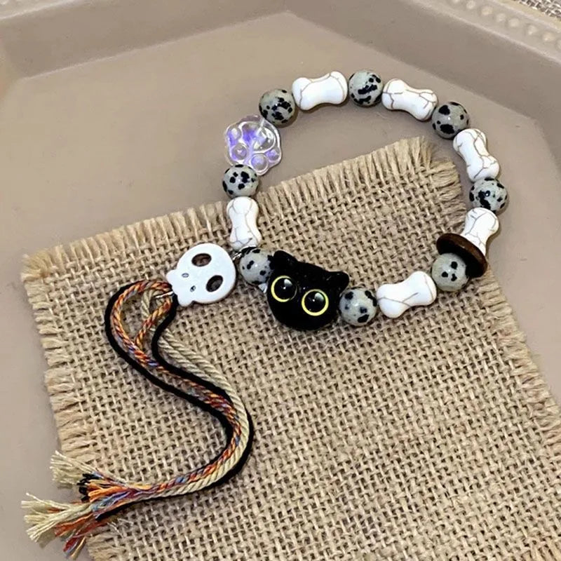 Handmade Adjustable Big Eye Cat Bracelet For Women Men Charm Luminous Beads Pet Bracelet Fashion Halloween Gothic Jewelry