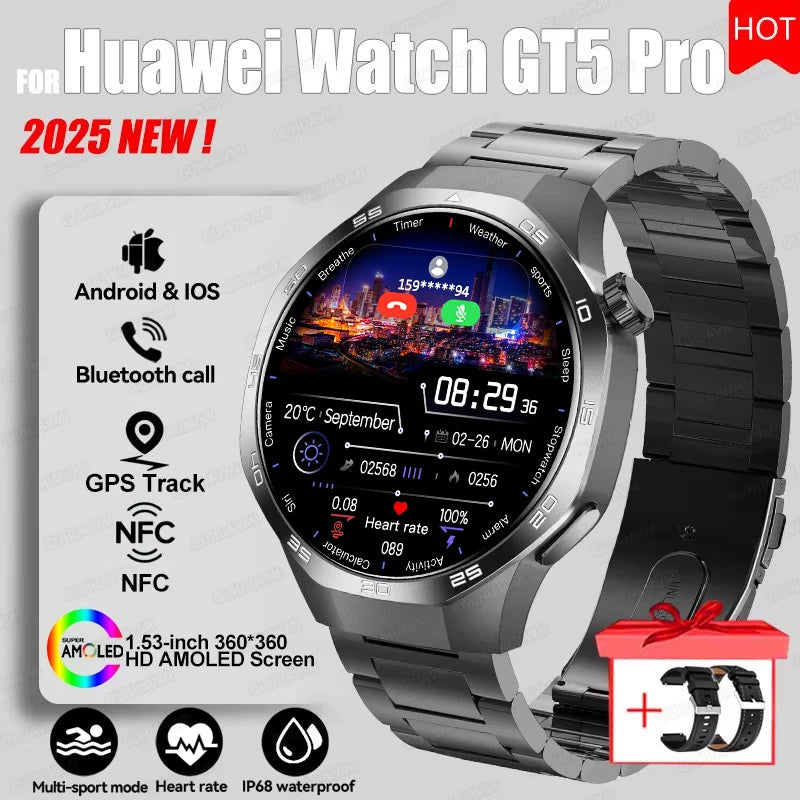 2025 For HUAWEI GT5 Pro GPS Track Smart Watch Men 360*360 AMOLED Screen NFC BT Call Waterproof Health Monitor Man Smartwatches