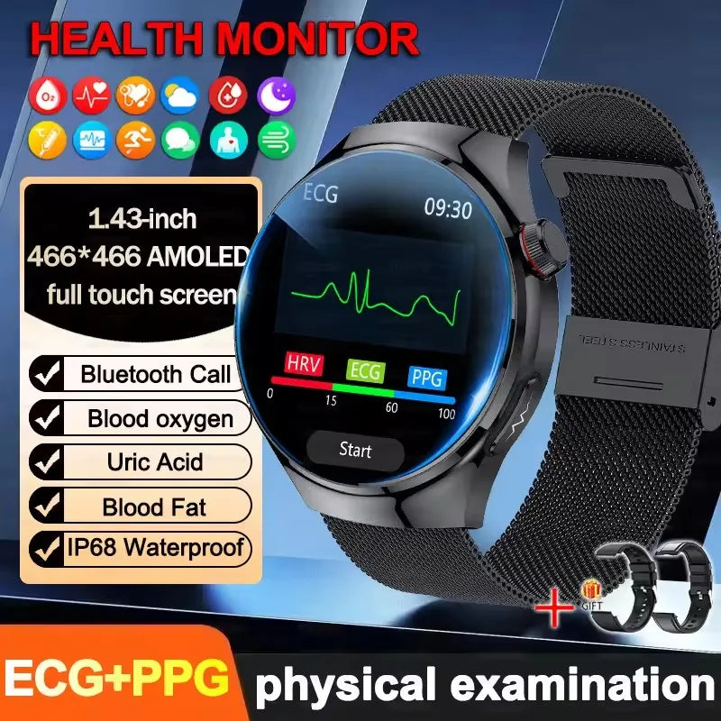 2025 New ECG Blood Pressure Blood Oxygen Blood Lipids Uric Acid Heart Rate Temperature Monitor AMOLED Bluetooth Call Smart Watch