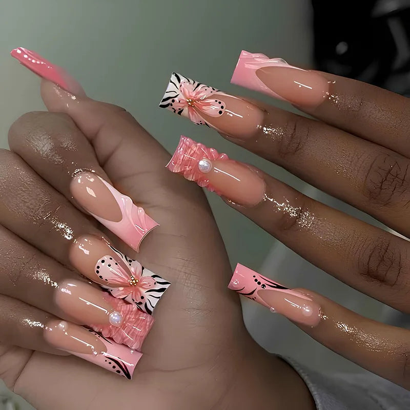24Pcs Brown Long Coffin False Nails Glitter Ballet Wearable with French Design Fake nails Full Press on Nail Ins Nail Tips Art