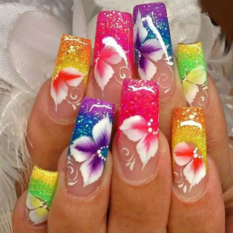 24Pcs Brown Long Coffin False Nails Glitter Ballet Wearable with French Design Fake nails Full Press on Nail Ins Nail Tips Art