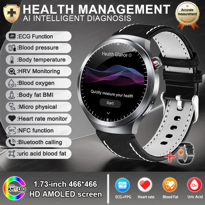 2025 New Health detection ECG+PPG Uric Acid Blood Oxygen Body Analysis Smart Watch Clock Bluetooth BT Call Smart Watch Men