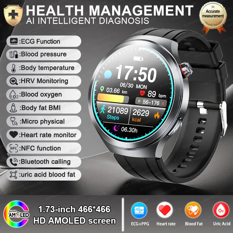 2025 New Health detection ECG+PPG Uric Acid Blood Oxygen Body Analysis Smart Watch Clock Bluetooth BT Call Smart Watch Men