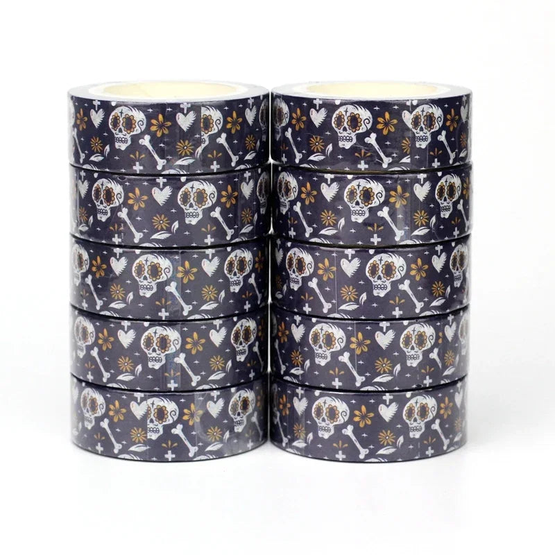 1pc 10M Deco Bat Rose Skull Black Cat Haunted House Halloween Masking Washi Tape Set for Scrapbooking Cute Journal Stationery