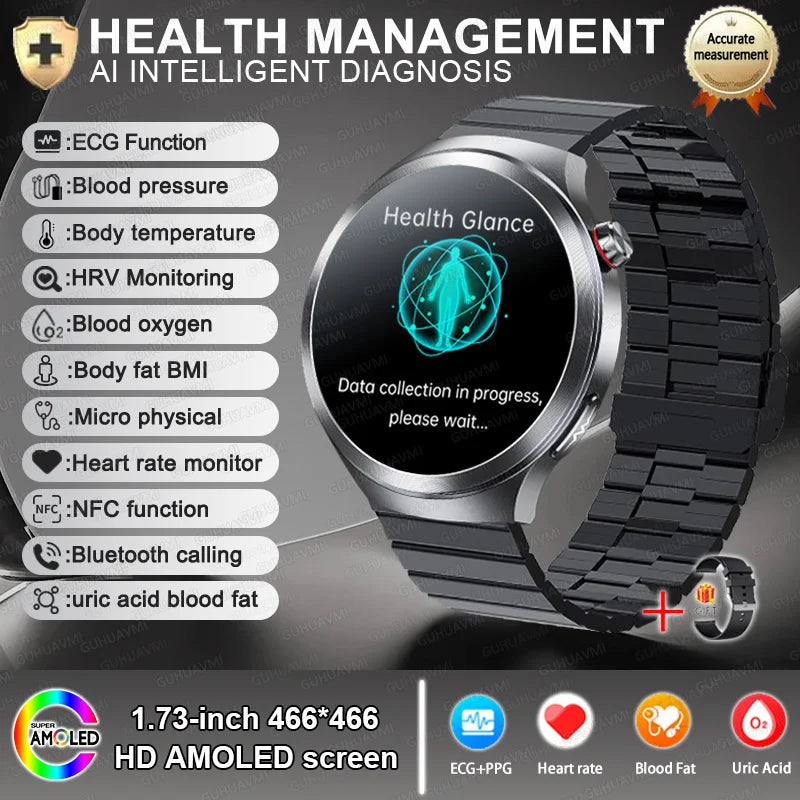 2025 New Health detection ECG+PPG Uric Acid Blood Oxygen Body Analysis Smart Watch Clock Bluetooth BT Call Smart Watch Men