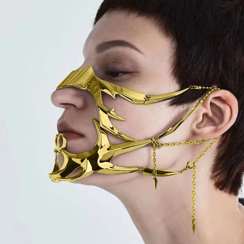 Irregular Metal Mask Hollow Face Decoration Mechanical Alien Fluid Face Accessories Halloween Masquerade Party Jewelry