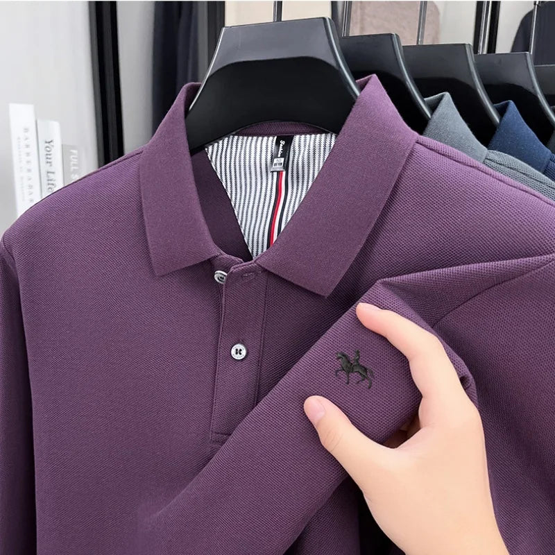100% cotton trendy fashion spring and autumn new comfortable polo shirt men's exquisite brand pony embroidered long sleeved top