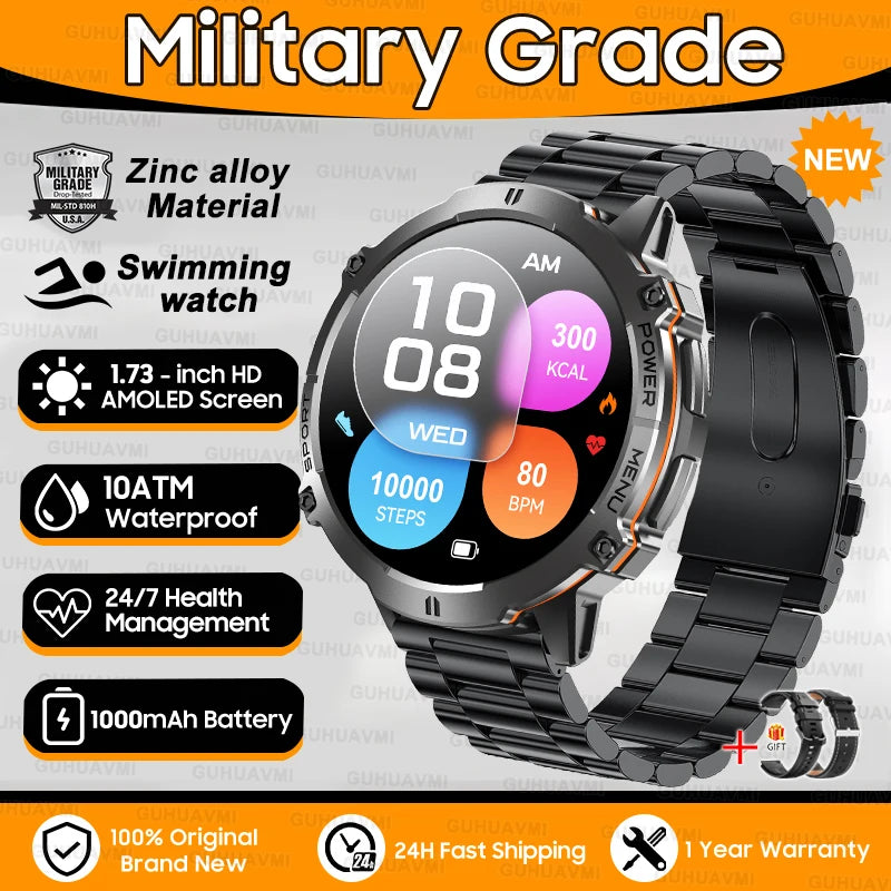 2025 New T-Rex3 1000mAh Battery Sports SmartWatch 1.73" AMOLED Screen 10ATM Waterproof Compass Altimeter Military Smartwatch Men