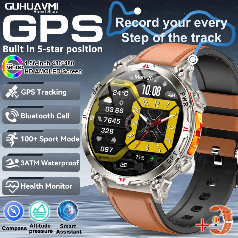 2025 New GPS Smart Watch AMOLED Screen 3ATM Waterproof Fitness tracking Heart Rate BT Call Professional Sports Smartwatch 650Mah