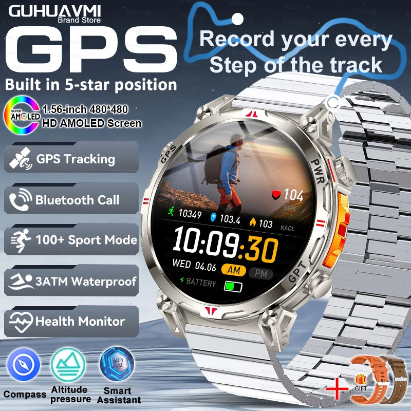 2025 New GPS Smart Watch AMOLED Screen 3ATM Waterproof Fitness tracking Heart Rate BT Call Professional Sports Smartwatch 650Mah