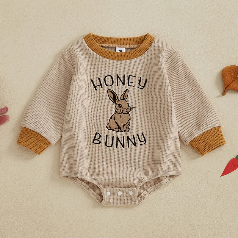 0-24M Baby Girls Boys Sweatshirts Rompers Easter Clothes Rabbit Letter Embroidery Long Sleeve Spring Bodysuits Jumpsuits