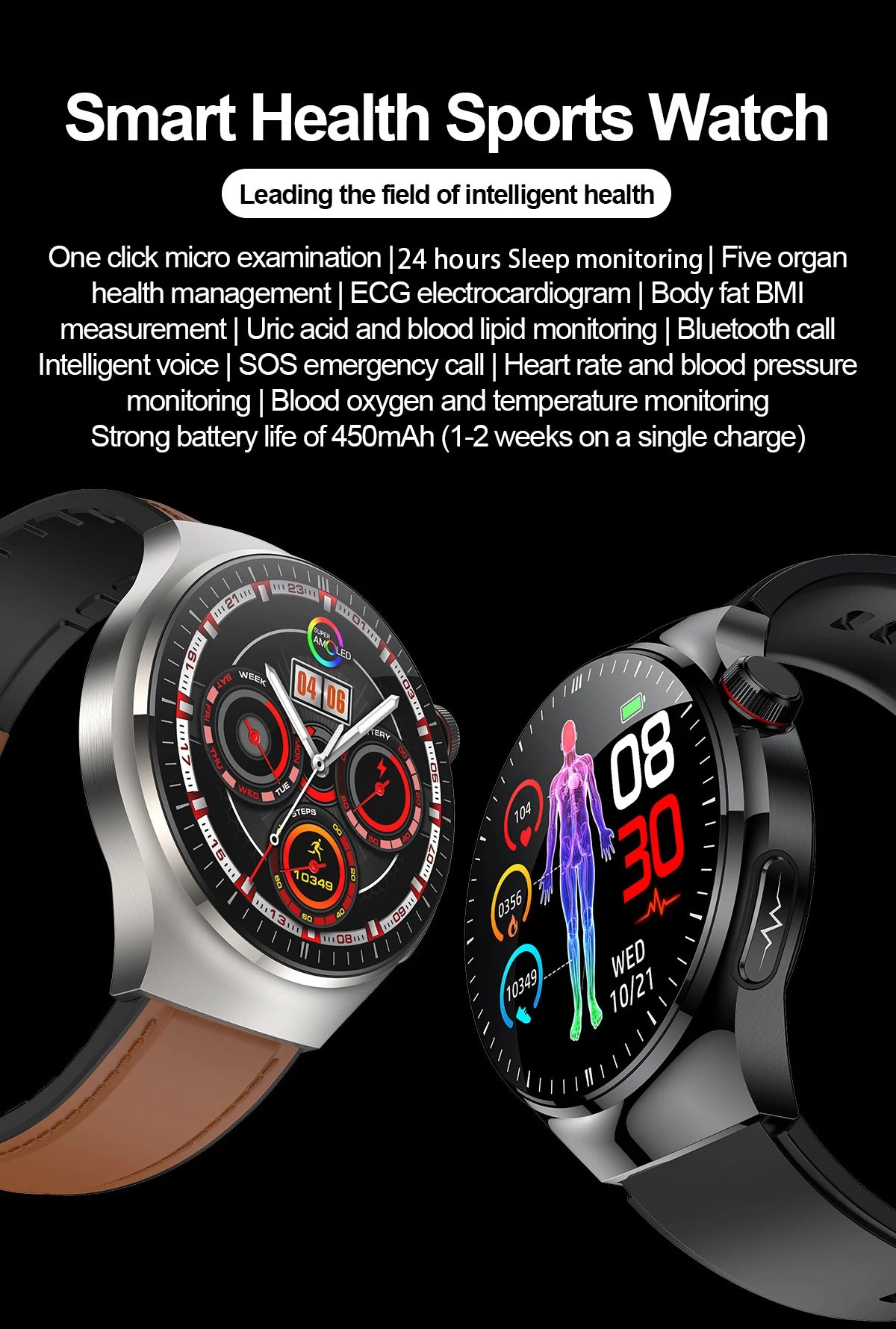 2025 New ECG Blood Pressure Blood Oxygen Blood Lipids Uric Acid Heart Rate Temperature Monitor AMOLED Bluetooth Call Smart Watch