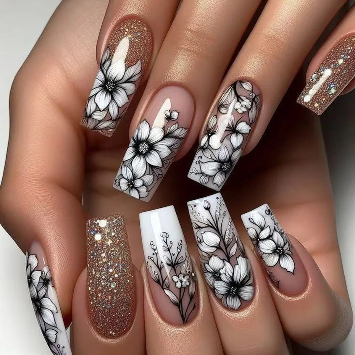 24Pcs Brown Long Coffin False Nails Glitter Ballet Wearable with French Design Fake nails Full Press on Nail Ins Nail Tips Art