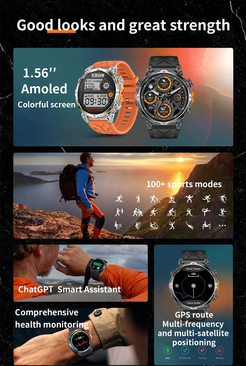 2025 New GPS Smart Watch AMOLED Screen 3ATM Waterproof Fitness tracking Heart Rate BT Call Professional Sports Smartwatch 650Mah