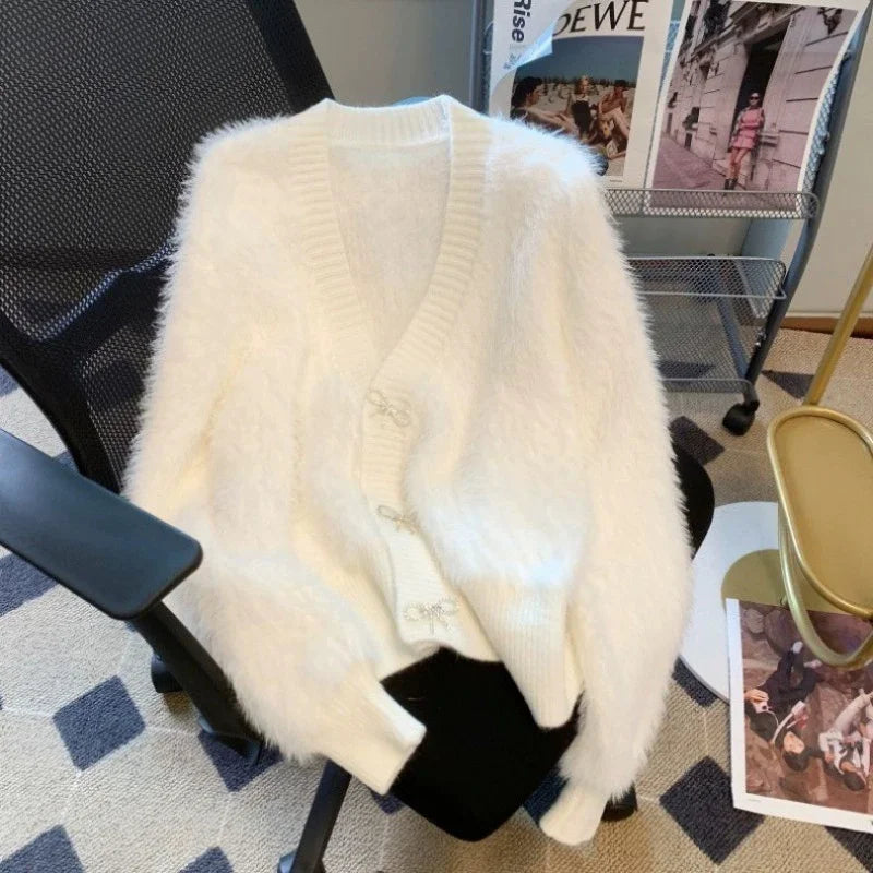 2025 Spring Autumn Women's Sweater Cardigan Jacket New Loose V-neck Imitation Mink Fur Sweater Jacket Female Knitted Tops Coat