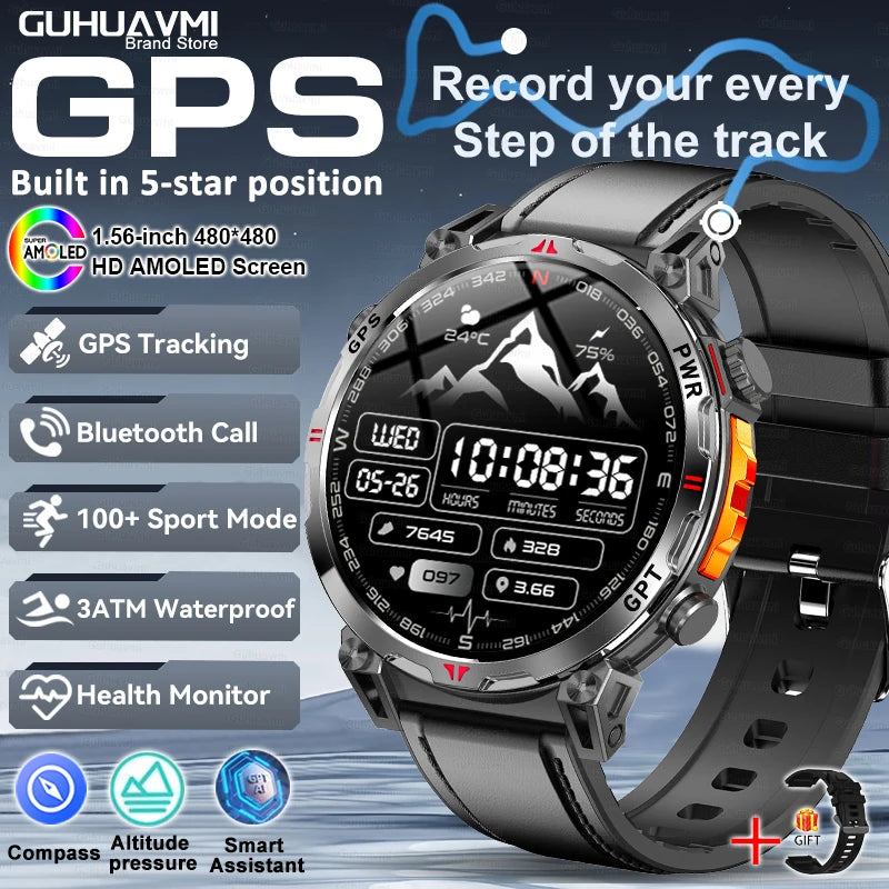 2025 New GPS Smart Watch AMOLED Screen 3ATM Waterproof Fitness tracking Heart Rate BT Call Professional Sports Smartwatch 650Mah