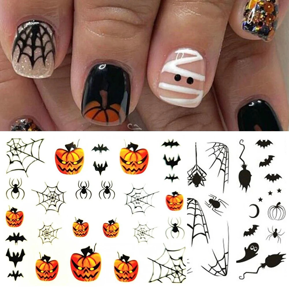 Halloween Nail Art Stickers Evil Pumpkin 3D Nail Decals Cartoon Skull Water Transfer Sticker DIY Festival Nail Decorations