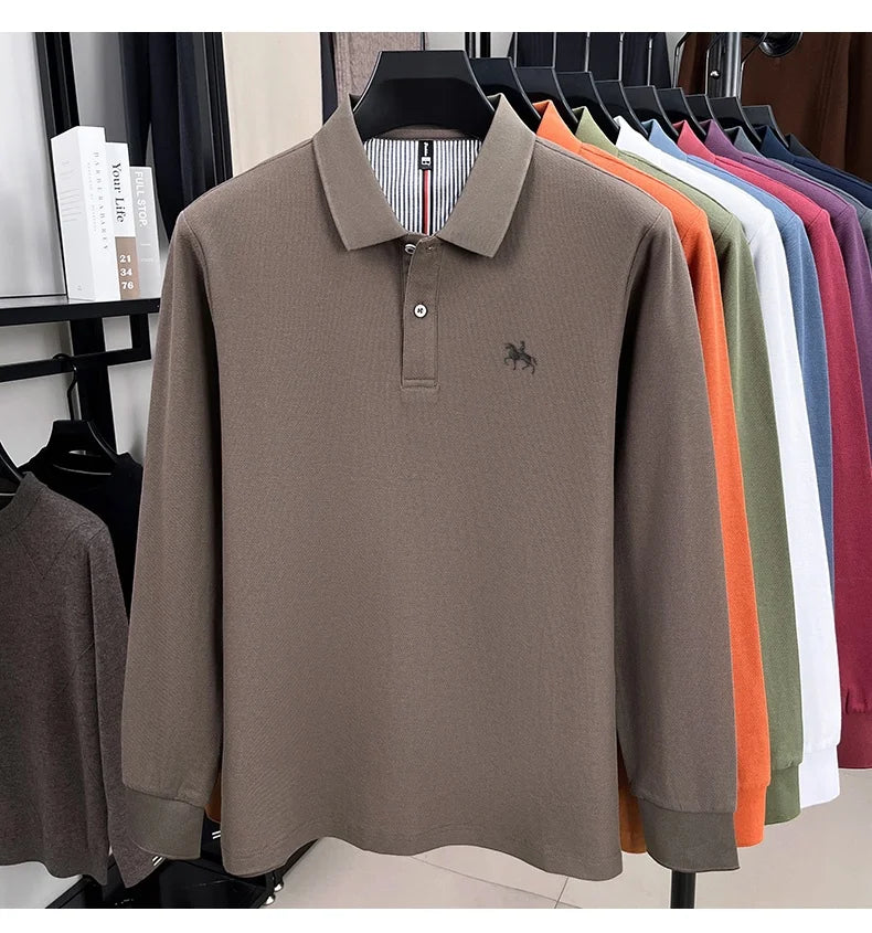 100% cotton trendy fashion spring and autumn new comfortable polo shirt men's exquisite brand pony embroidered long sleeved top