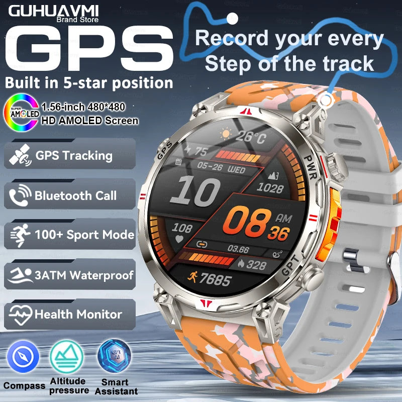2025 New GPS Smart Watch AMOLED Screen 3ATM Waterproof Fitness tracking Heart Rate BT Call Professional Sports Smartwatch 650Mah