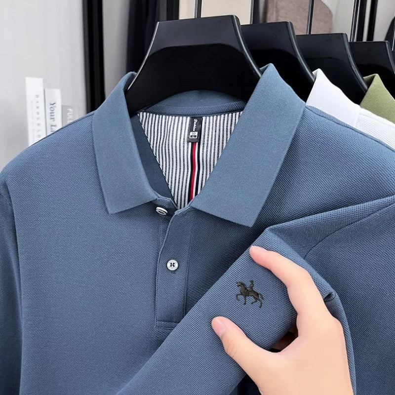 100% cotton trendy fashion spring and autumn new comfortable polo shirt men's exquisite brand pony embroidered long sleeved top