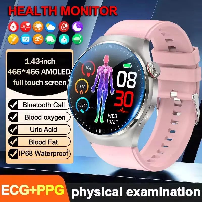 2025 New ECG Blood Pressure Blood Oxygen Blood Lipids Uric Acid Heart Rate Temperature Monitor AMOLED Bluetooth Call Smart Watch