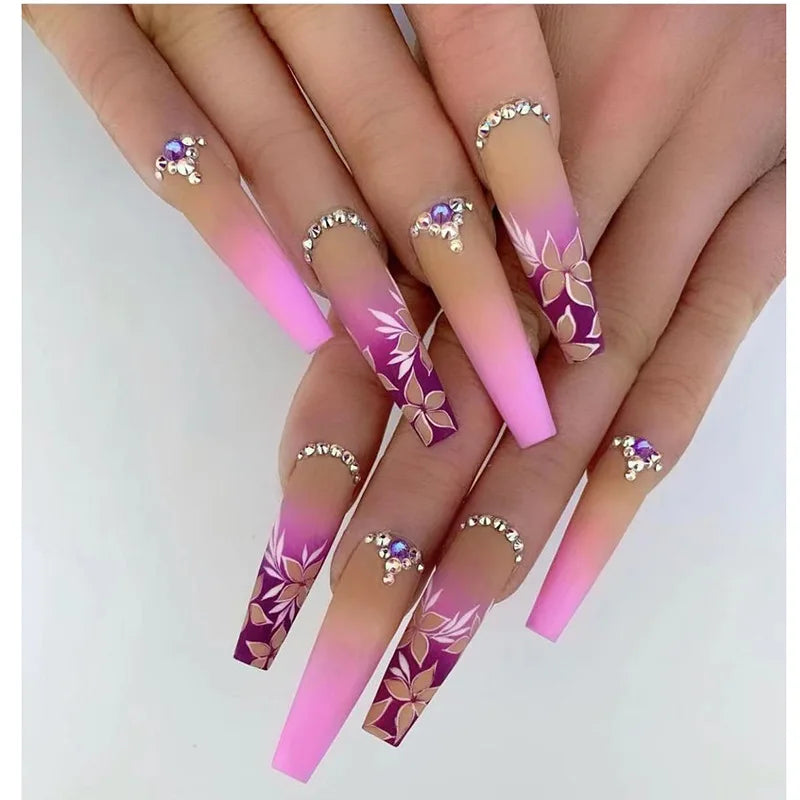 24Pcs Brown Long Coffin False Nails Glitter Ballet Wearable with French Design Fake nails Full Press on Nail Ins Nail Tips Art
